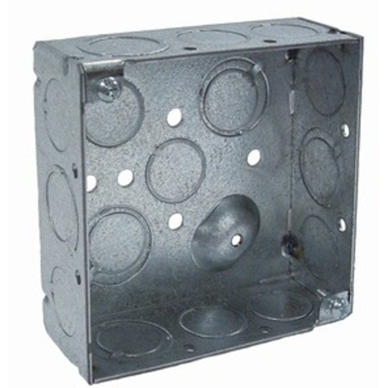 4 inch square steel electrical box 1-1/2 inch deep with 1/2 inch knockouts