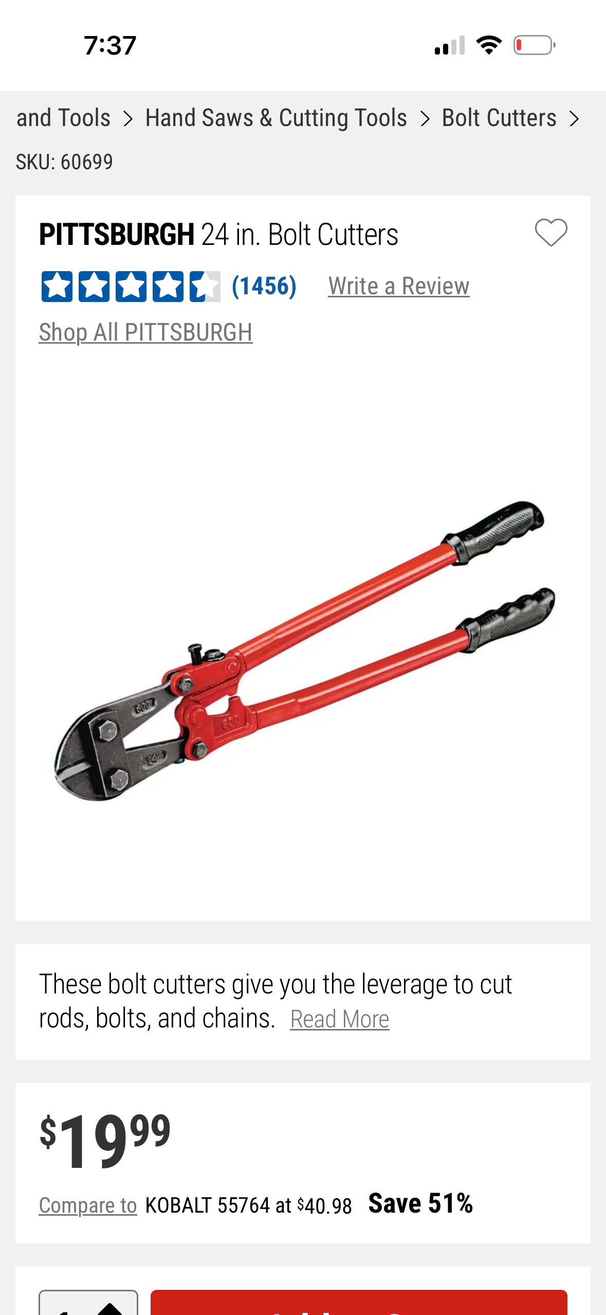 Pittsburgh 24 inch bolt cutter steel jaws angled grips