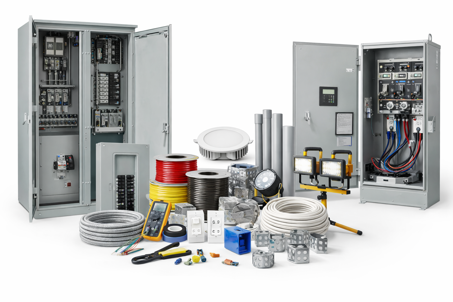 Electrical supplies with panels, wiring, conduit, lighting fixtures, outlets, and tools.