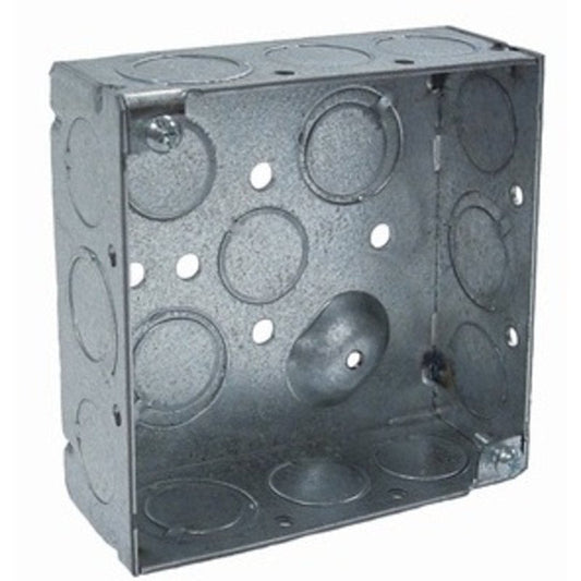 4 inch square steel electrical box 1-1/2 inch deep with 1/2 inch knockouts
