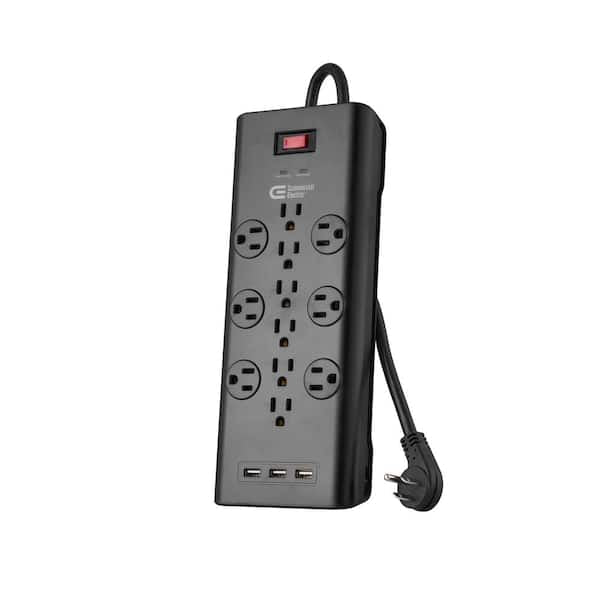 6 ft. 12-outlet black surge protector power strip with USB ports