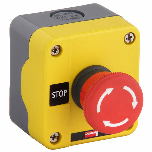 DAYTON Mushroom-Head Emergency Stop Control Station, 22mm, NEMA 4/13, 1NO/1NC – Panel-Mount E-Stop