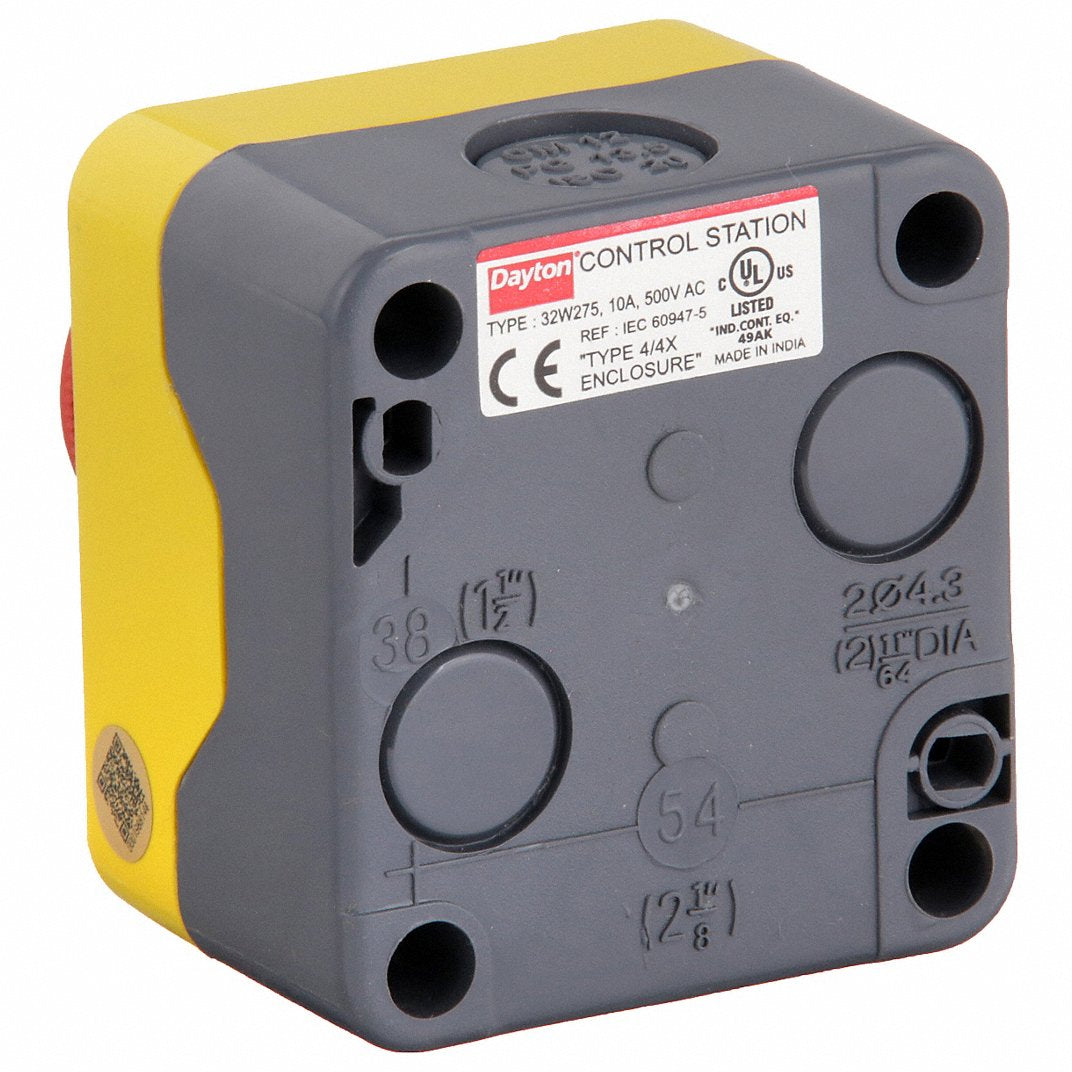 DAYTON Mushroom-Head Emergency Stop Control Station, 22mm, NEMA 4/13, 1NO/1NC – Panel-Mount E-Stop