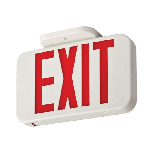Commercial LED emergency exit sign with red EXIT letters and white housing
