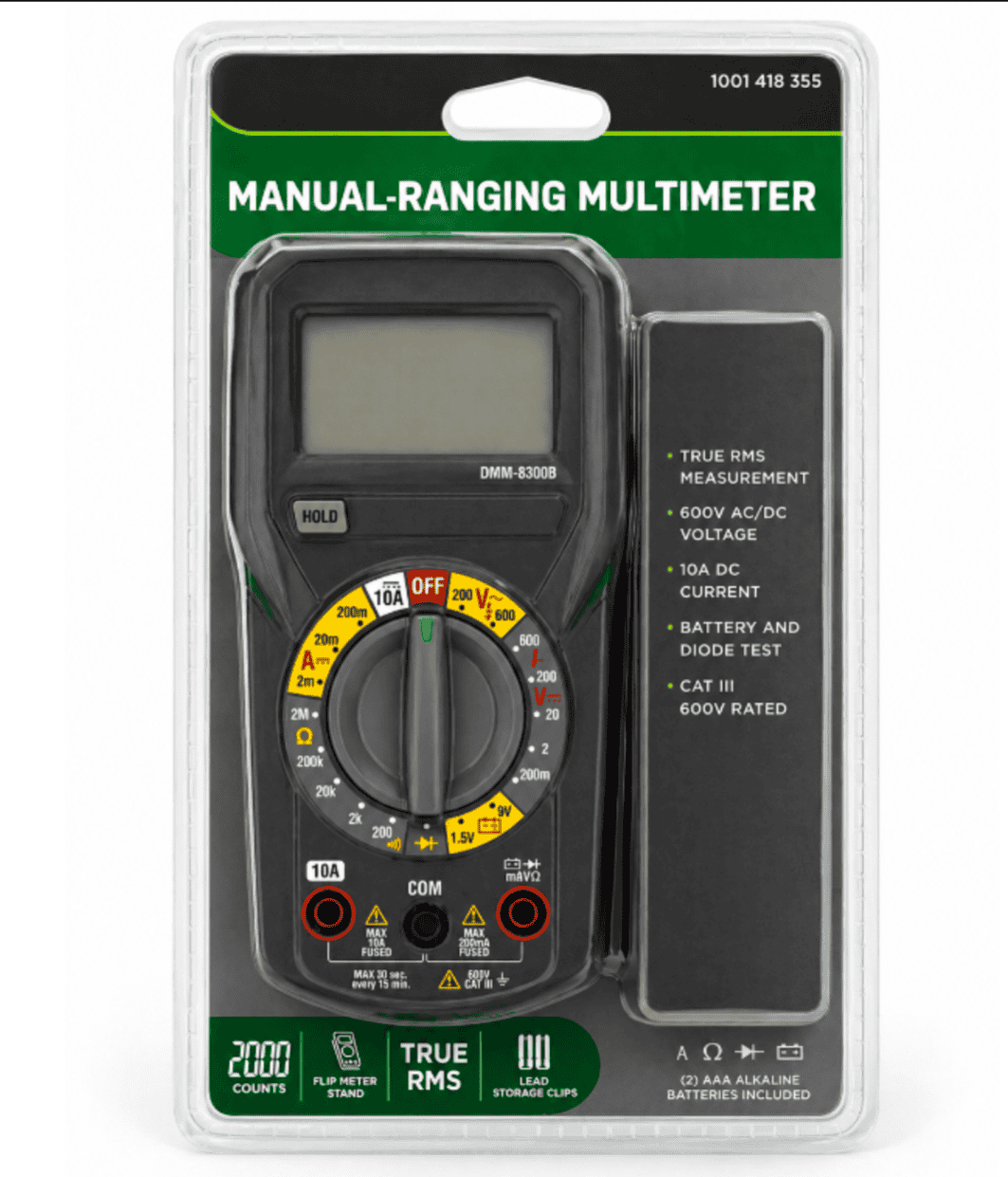 Manual-ranging digital multimeter DMM-8300B with 600V AC/DC rating, test leads, and batteries.