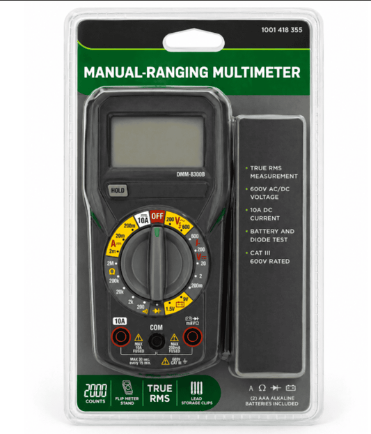 Manual-ranging digital multimeter DMM-8300B with 600V AC/DC rating, test leads, and batteries.