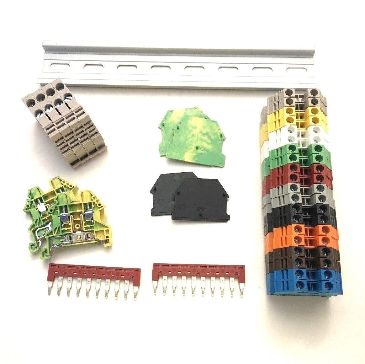Modular DIN rail terminal blocks with accessories for industrial electrical control panels