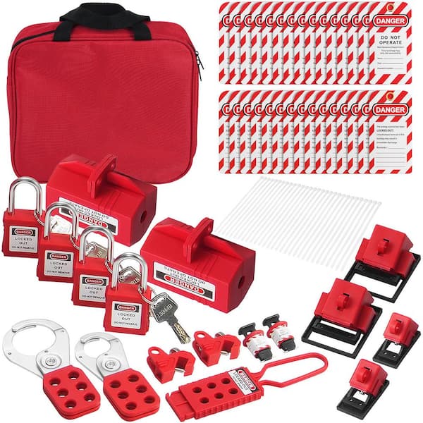 47-piece electrical lockout tagout kit with padlocks, hasps, circuit breaker lockouts, plug lockouts, tags, cable ties, and carrying pouch