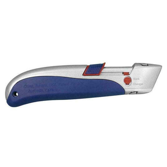 Heavy-duty self-retracting utility knife with ergonomic grip, no exposed blade at rest