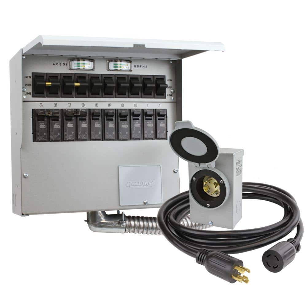 Manual generator transfer switch, 30 amp, 10-circuit, includes power inlet box and cord