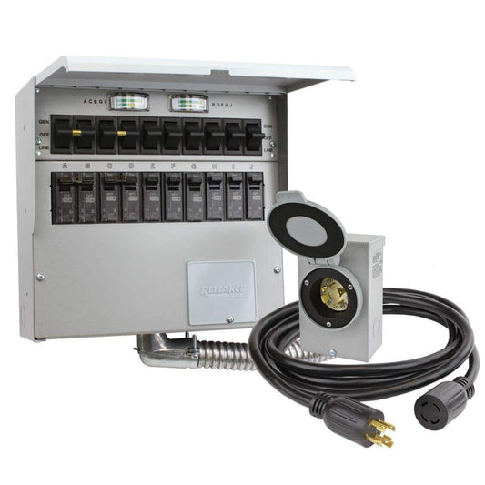 Manual generator transfer switch, 30 amp, 10-circuit, includes power inlet box and cord