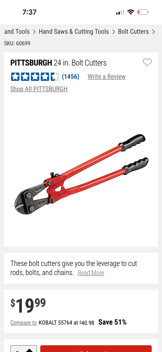 Pittsburgh 24 inch bolt cutter steel jaws angled grips