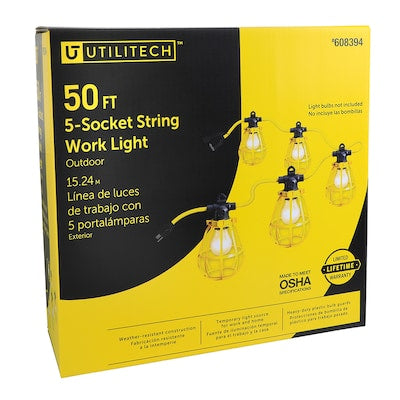 50 ft temporary string work light with 5 sockets for jobsite and outdoor work lighting