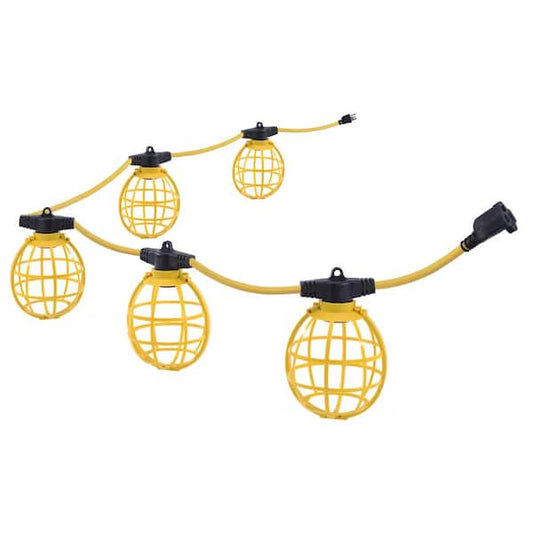 Temporary string work light, 50 ft., 5-socket with cage guards, yellow, for construction lighting